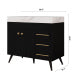 Black Bathroom Vanity with Sink, Modern Freestanding Cabinet with White Marble Top, Open Shelves and 3 Drawers, Gold Handles