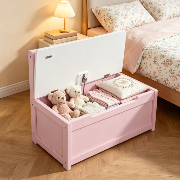 AEELLEEA Kids Toy Storage Chest, Pink Wooden Toy Box with Hinged Lid for Nursery, Bedroom and Playroom, 23.5 x 11.75 x 19.75 in