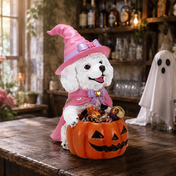 Halloween Dog Figurine with Pumpkin Candy Bowl, 12.6" Cute Witch Dog Statue Candy Dish for Halloween Home Table Porch Decor, Holiday Gift