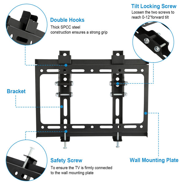 TV Wall Mount Bracket with Tilt, 13-42 Inch Universal Slim Flat Screen TV Mount for VESA 200x200mm, Heavy Duty 77 lbs for LED LCD Plasma in Bedroom