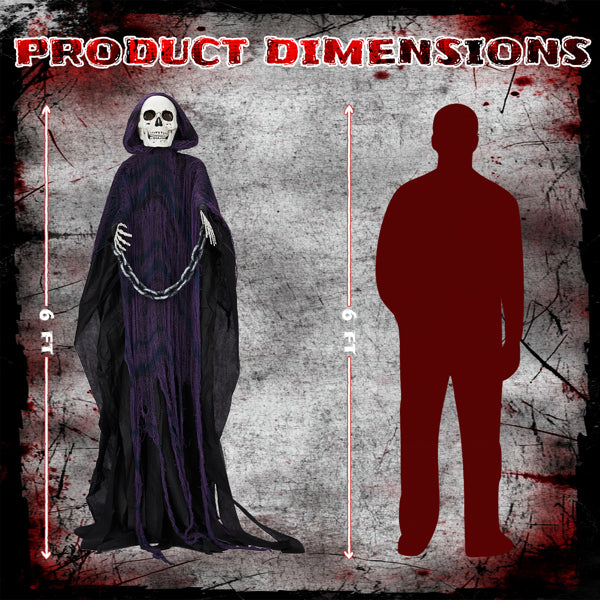 Red LED glowing eyes, manually-movable head, male voice, sound-activated, battery-operated (batteries not included)