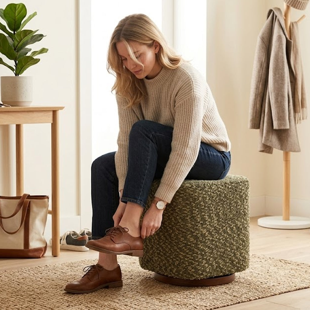 AEELLEEA 16.53" Swivel Ottoman Stool, Green Boucle Textured Round Cube Footrest, 300 Lbs Capacity for Living Room Entryway