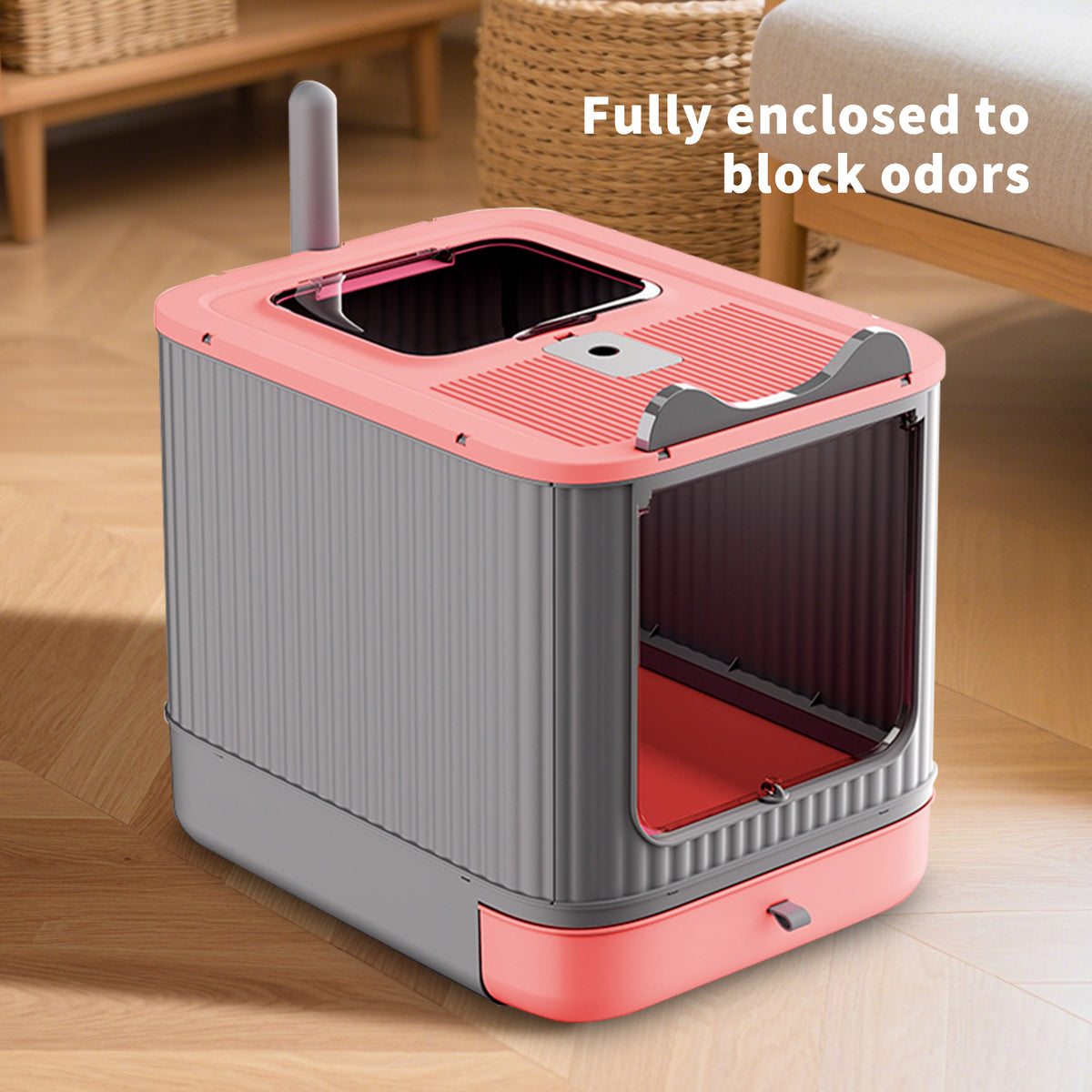 Foldable Enclosed Cat Litter Box with Drawer Tray, Top Exit & Front Entry, Litter Scoop, Gray and Pink, 19.69" x 13.78" x 13.78"