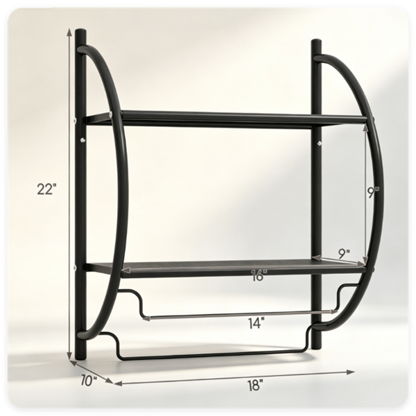 Rustproof Black Wall Mounted Bathroom Storage Shelves, Over Toilet Organizer with 2 Open Shelves and Hanging Bars for Towels Toiletries