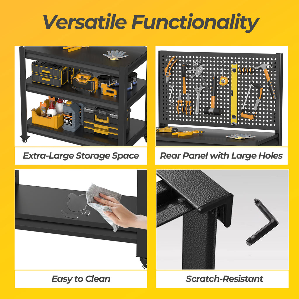AEELLEEA 31.5"×15.7"×47.1" Heavy Duty Rolling Tool Storage Cart, 3-Tier Steel Workbench with Pegboard & Lockable Wheels for Garage