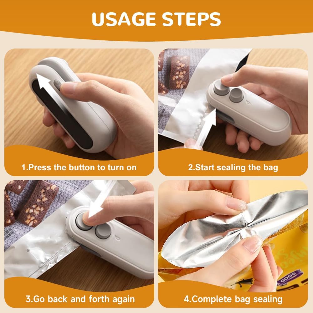 2 in 1 Mini Bag Sealer with Cutter and Magnet, Rechargeable Bag Sealer, Portable Mini Sealer, Cordless Resealer Machine for Snack Plastic Bags Food Storage