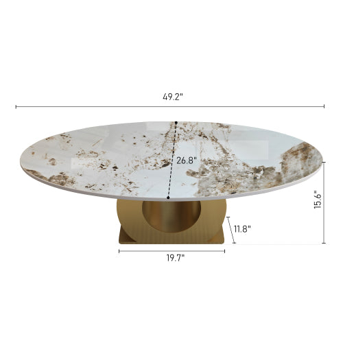 Coffee Table 49.2 Inch, Oval Sintered Stone Table with Gold Metal Base, Modern Luxury Living Room Center Table