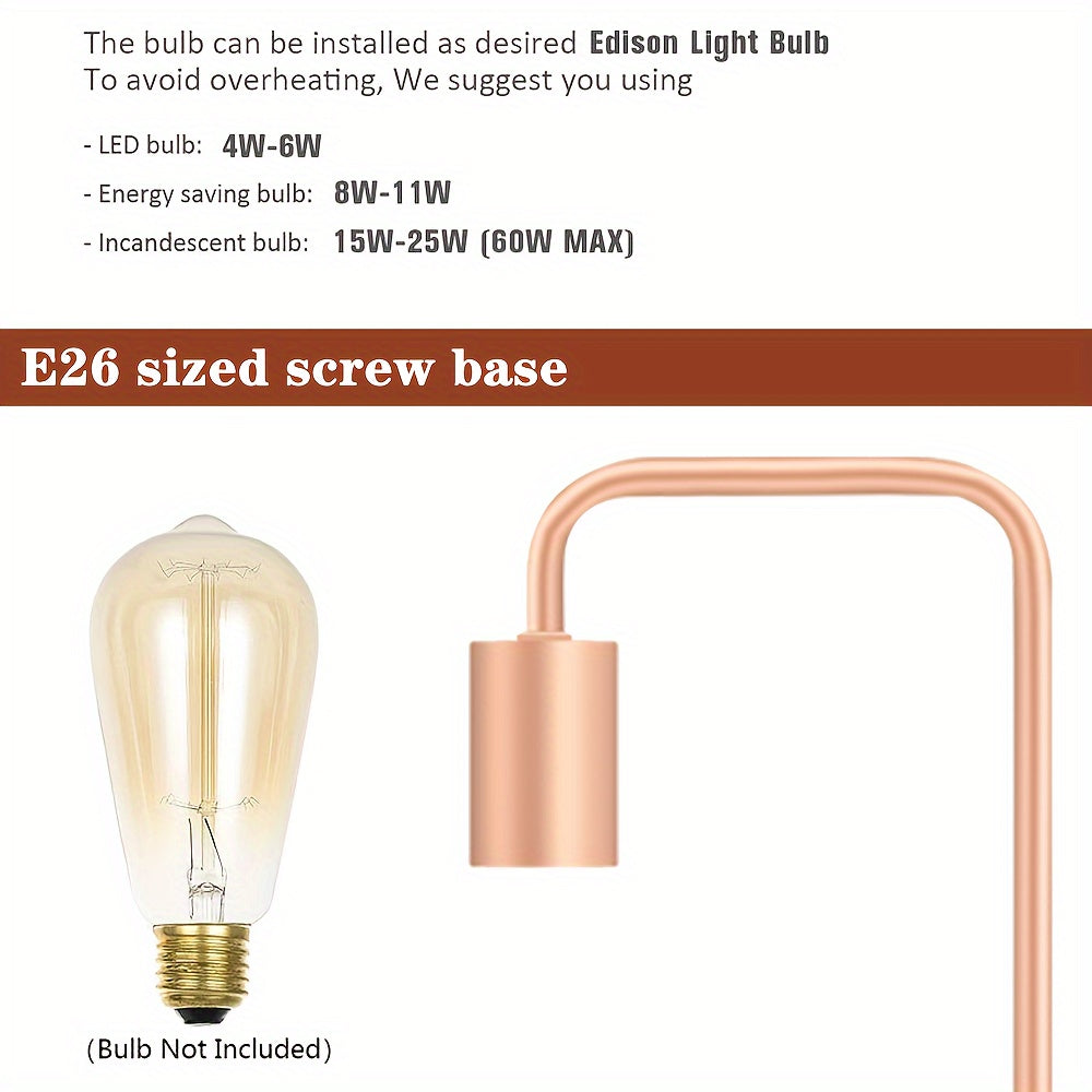 Rose Gold Desk Lamp - Edison Desk Lamp - Industrial Bedside Lamp For Bedroom, Living Room, Dormitory - Small Metal Lamp For Reading, Nightstand, Dressing Table