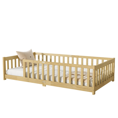 AEELLEEA Twin Size Montessori Floor Bed with Guardrails, Wooden Kids Bed Frame with Low Entry and Slats, Natural
