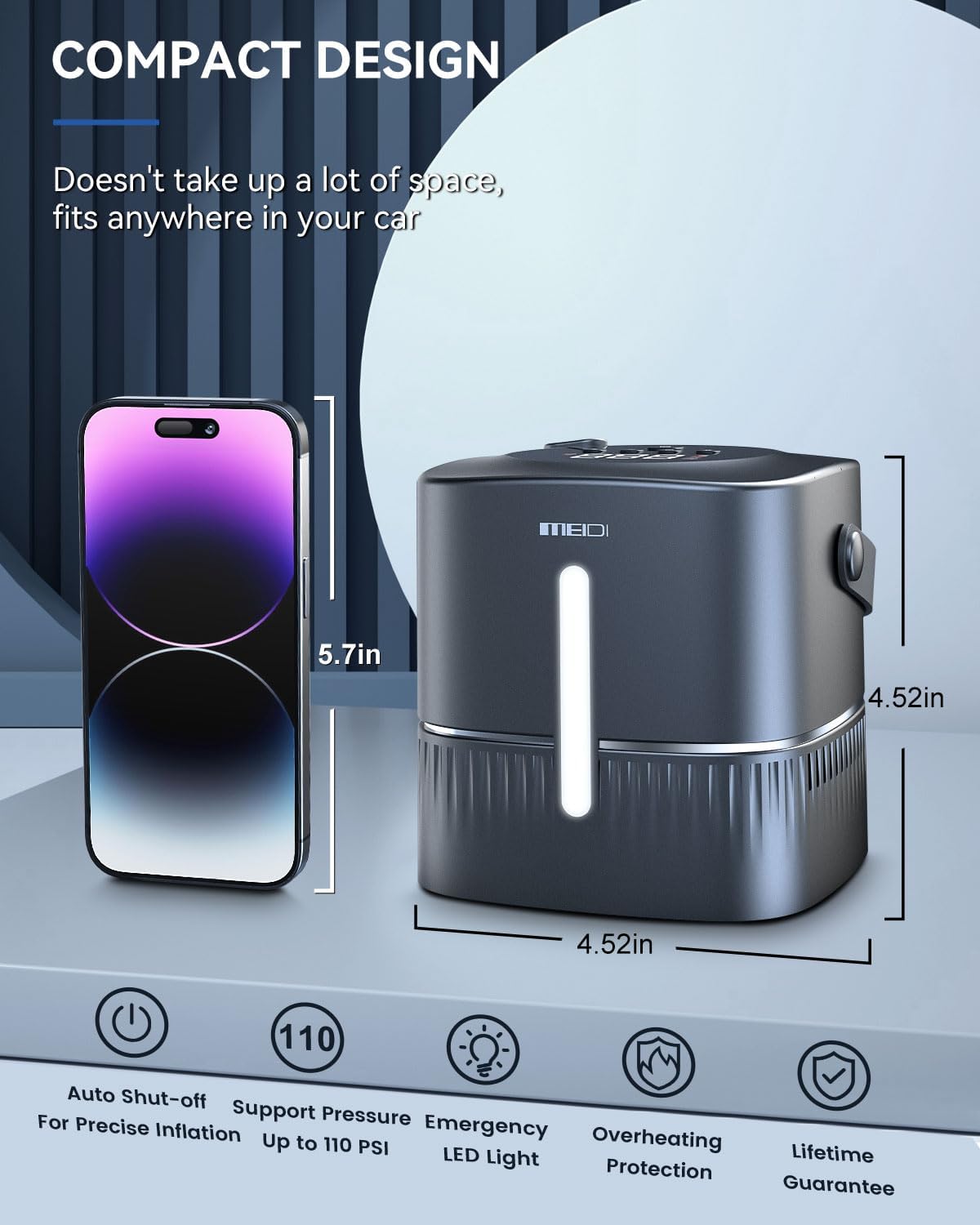 Portable Car Tire Inflator Air Compressor, 110 PSI Fast Inflation Air Pump with Digital LED Display, Auto Shut-Off, Retractable Power Cord and Emergency LED Light