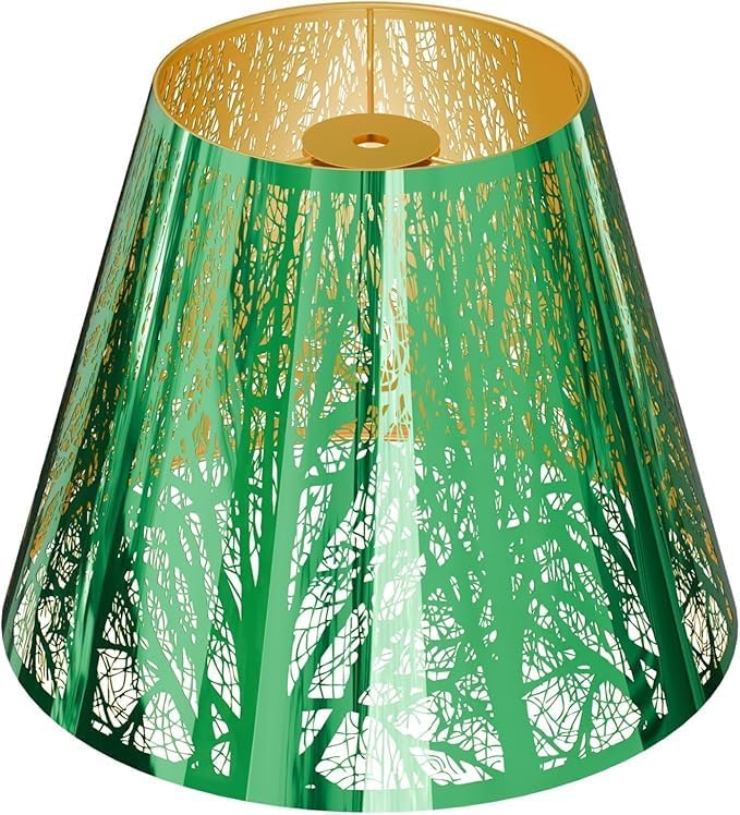 ALUCSET Etched Forest Metal Lamp Shade, 5"×9"×7", Spider Fitter Stainless Steel, Green Outside Gold Inside, Table Lamp Replacement