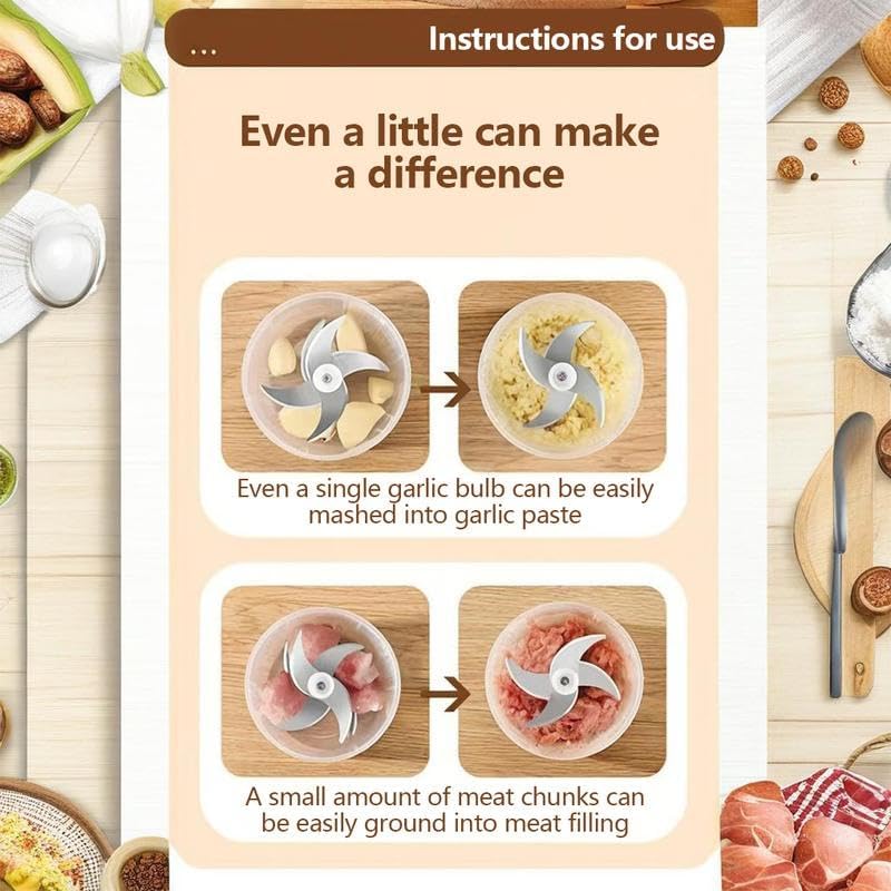 300ml Electric Mini Food Chopper, USB Rechargeable Small Food Processor with 4 Sharp Blades, Portable Garlic Mincer for Onion, Meat, Vegetable