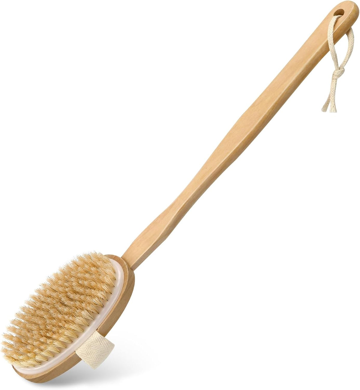 AEELLEEA 16.5 Inch Long Handle Bath Brush, Natural Boar Bristle Detachable Body Brush for Shower Exfoliating Dry Brushing Back Scrubber