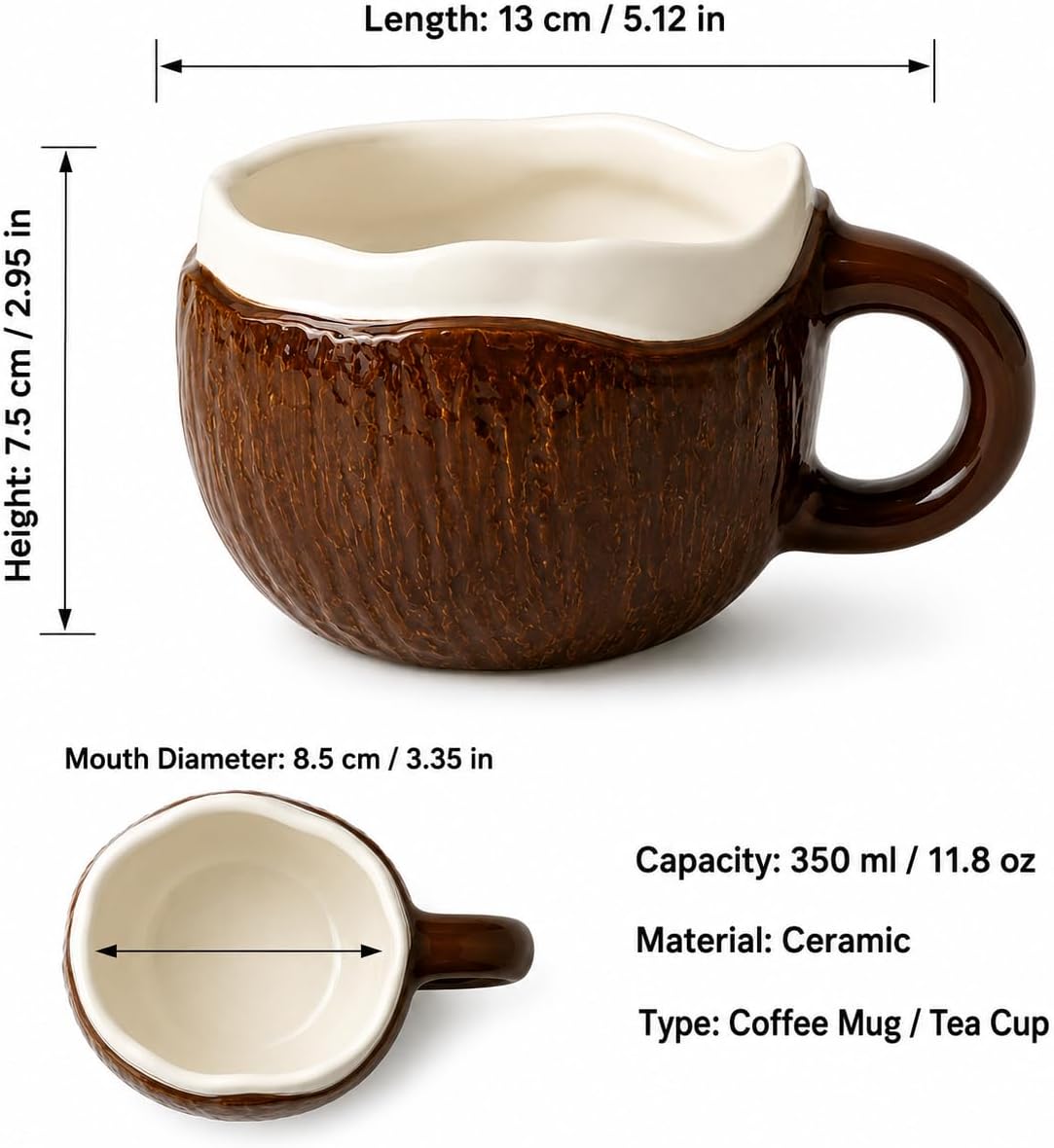 Coconut Shell Ceramic Coffee Mug with Spoon, 11.8oz Novelty Tropical Coffee Cup with Comfort Handle, Glossy Glaze Tea Mug for Home Office & Café