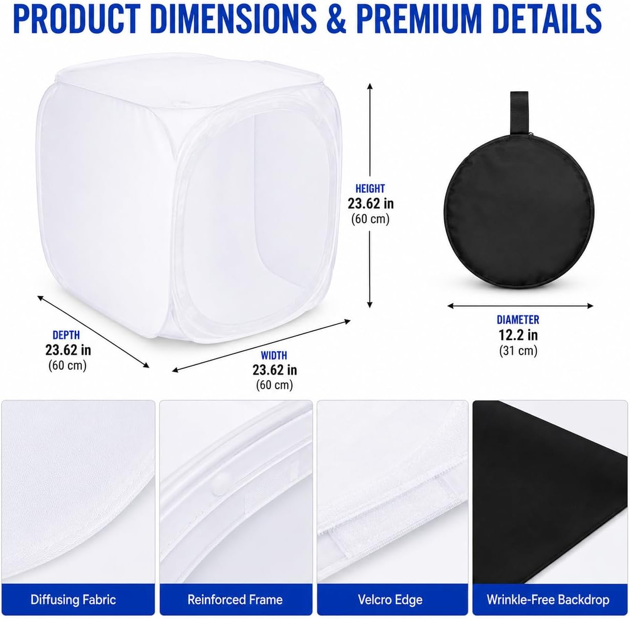 Foldable Photo Studio Light Box, 24x24in Portable Photography Light Tent with Carry Bag, Soft Diffuser for Product Photography, Jewelry & Small Items