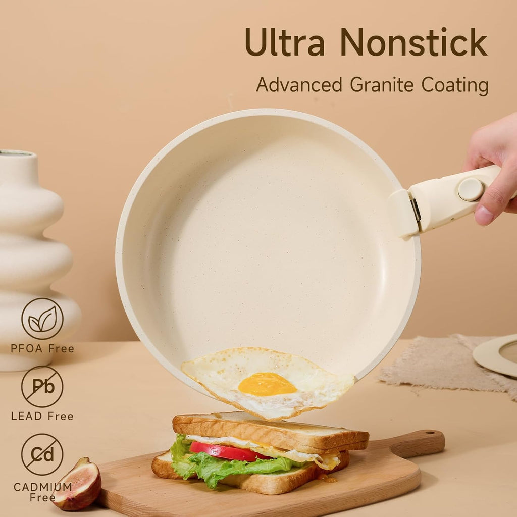 Nonstick Frying Pan Set, Non Stick Frying Pans with lid and Detachable Handle, Frying Pan Set with Removable Handle-8 Inch-9.5 Inch-11 Inch, Oven Safe, PFOA Free, Beige
