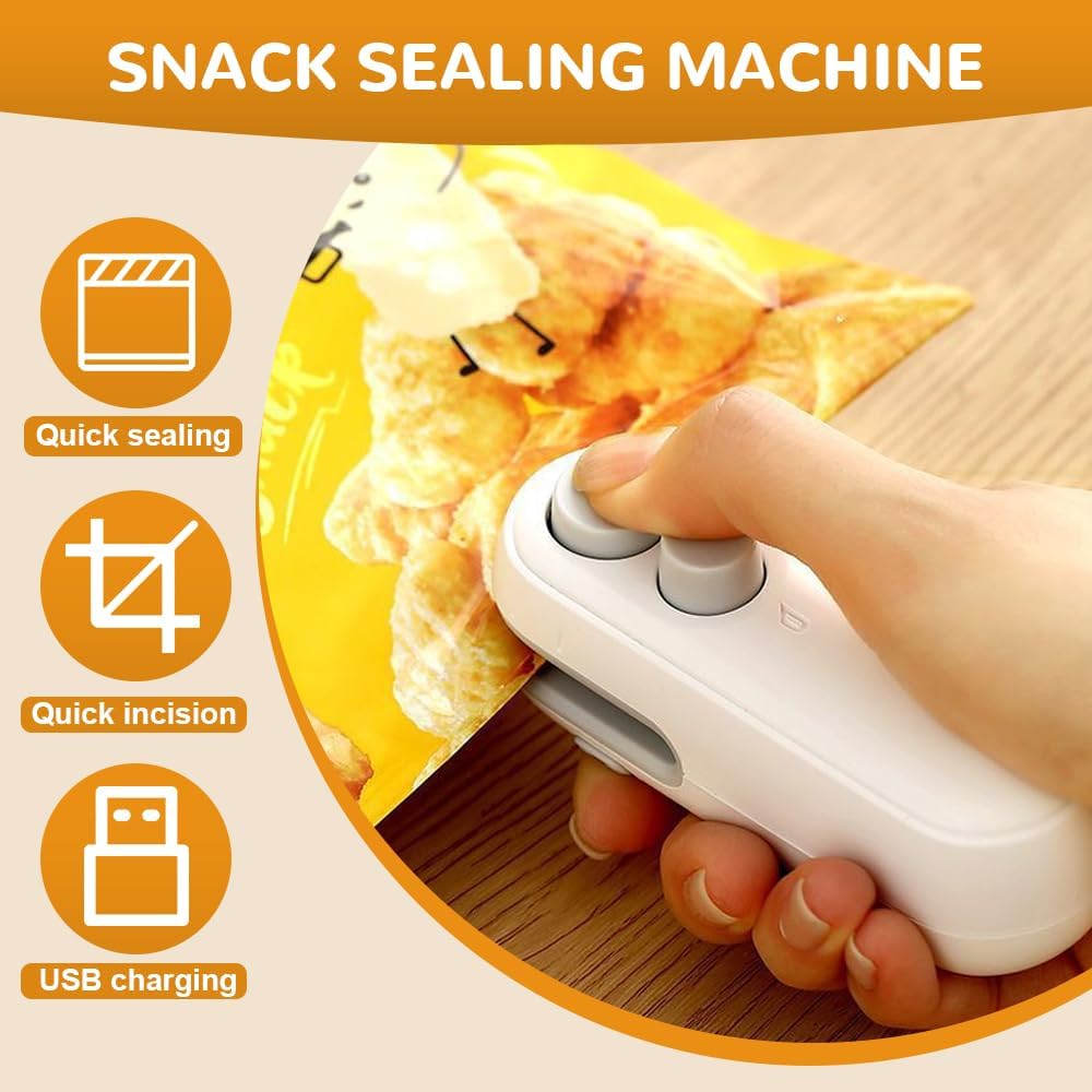 2 in 1 Mini Bag Sealer with Cutter and Magnet, Rechargeable Bag Sealer, Portable Mini Sealer, Cordless Resealer Machine for Snack Plastic Bags Food Storage