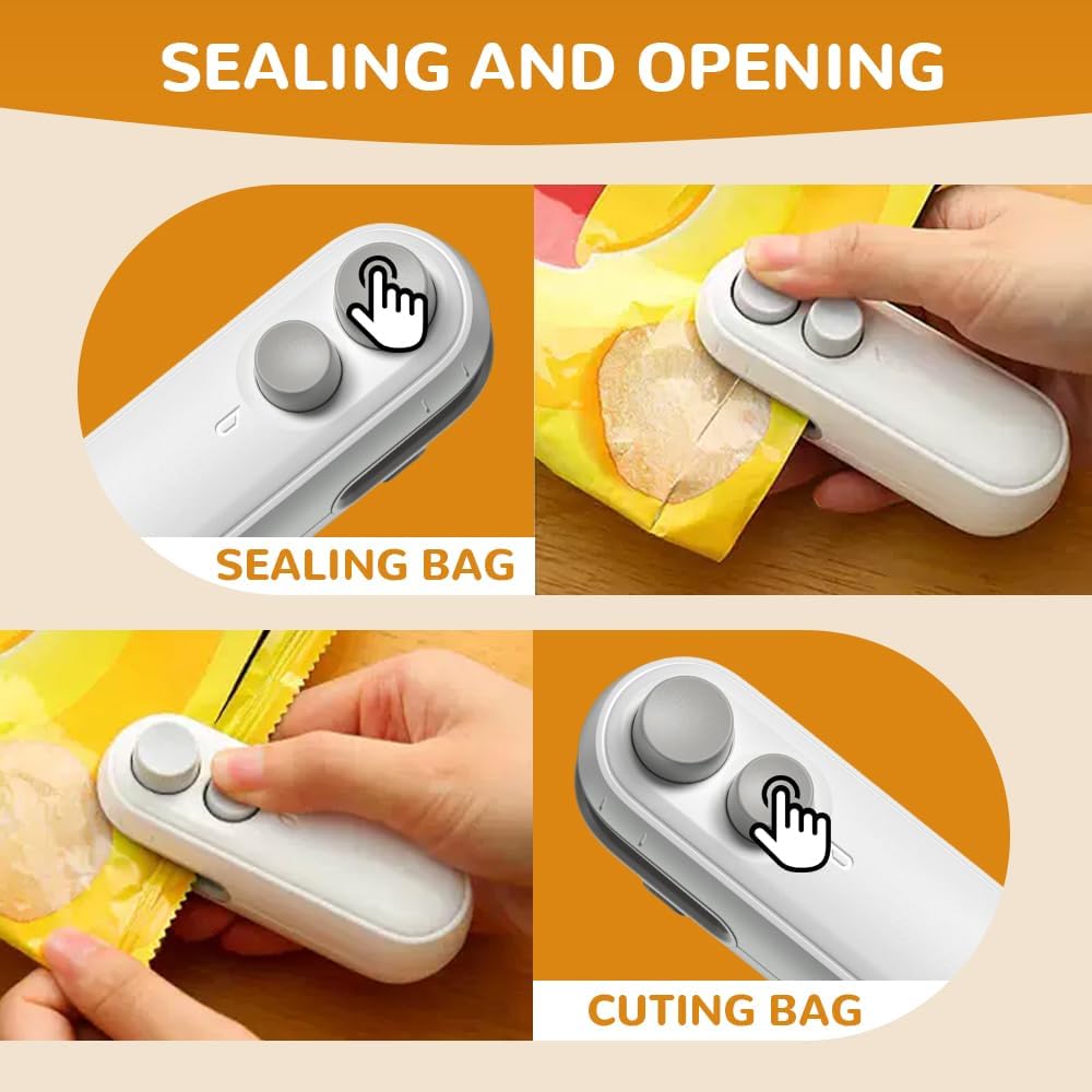 2 in 1 Mini Bag Sealer with Cutter and Magnet, Rechargeable Bag Sealer, Portable Mini Sealer, Cordless Resealer Machine for Snack Plastic Bags Food Storage