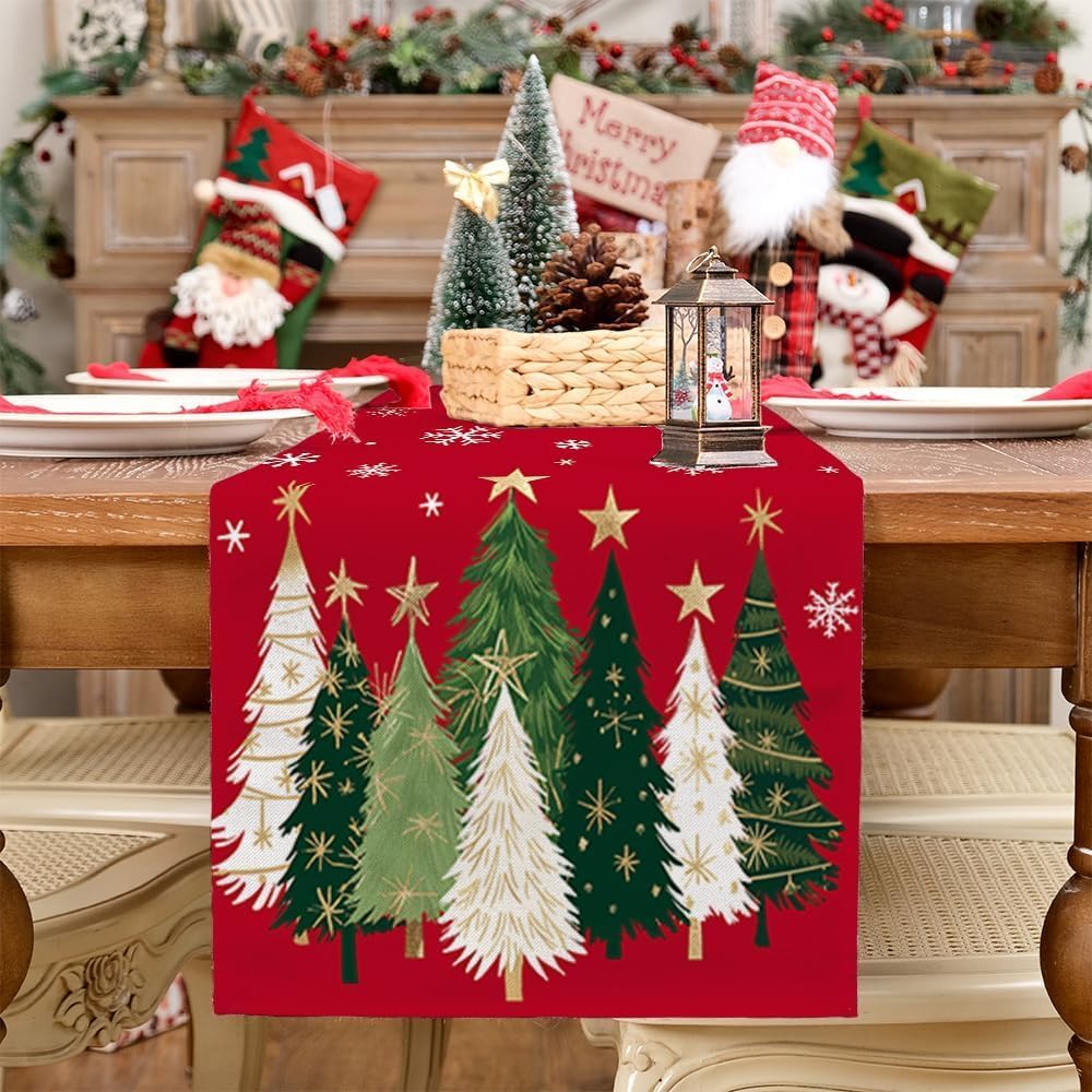 Christmas Table Runner, 13×72 Inch Faux Linen Polyester, Christmas Tree & Snowflake Print, Machine Washable Holiday Table Decoration