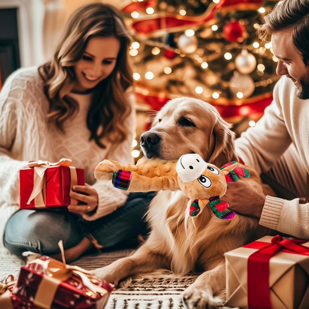ZippyPawsDog Christmas Reindeer Plush Toys with Squeaker, Soft Pet Teeth Toys for Small & Medium Dogs