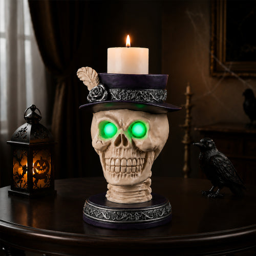 AEELLEEA Halloween Resin Skull Candle Holder ，Feather Top Hat Gothic Statue, Spooky Tabletop Decor for Party
