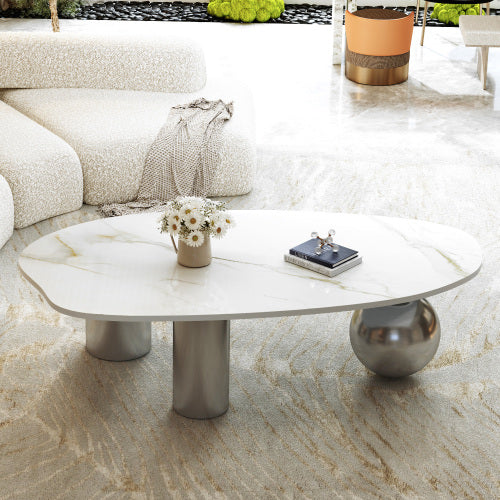 Coffee Table 49.2 Inch, Free Form Marble Look Table with Silver Ball Base and Pillar Legs, Modern Luxury Center Table