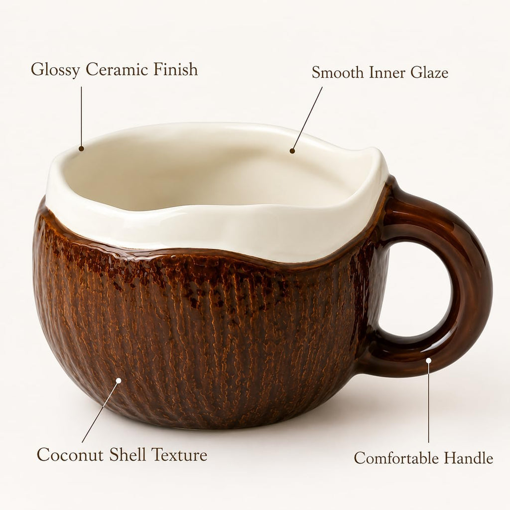 Coconut Shell Ceramic Coffee Mug with Spoon, 11.8oz Novelty Tropical Coffee Cup with Comfort Handle, Glossy Glaze Tea Mug for Home Office & Café