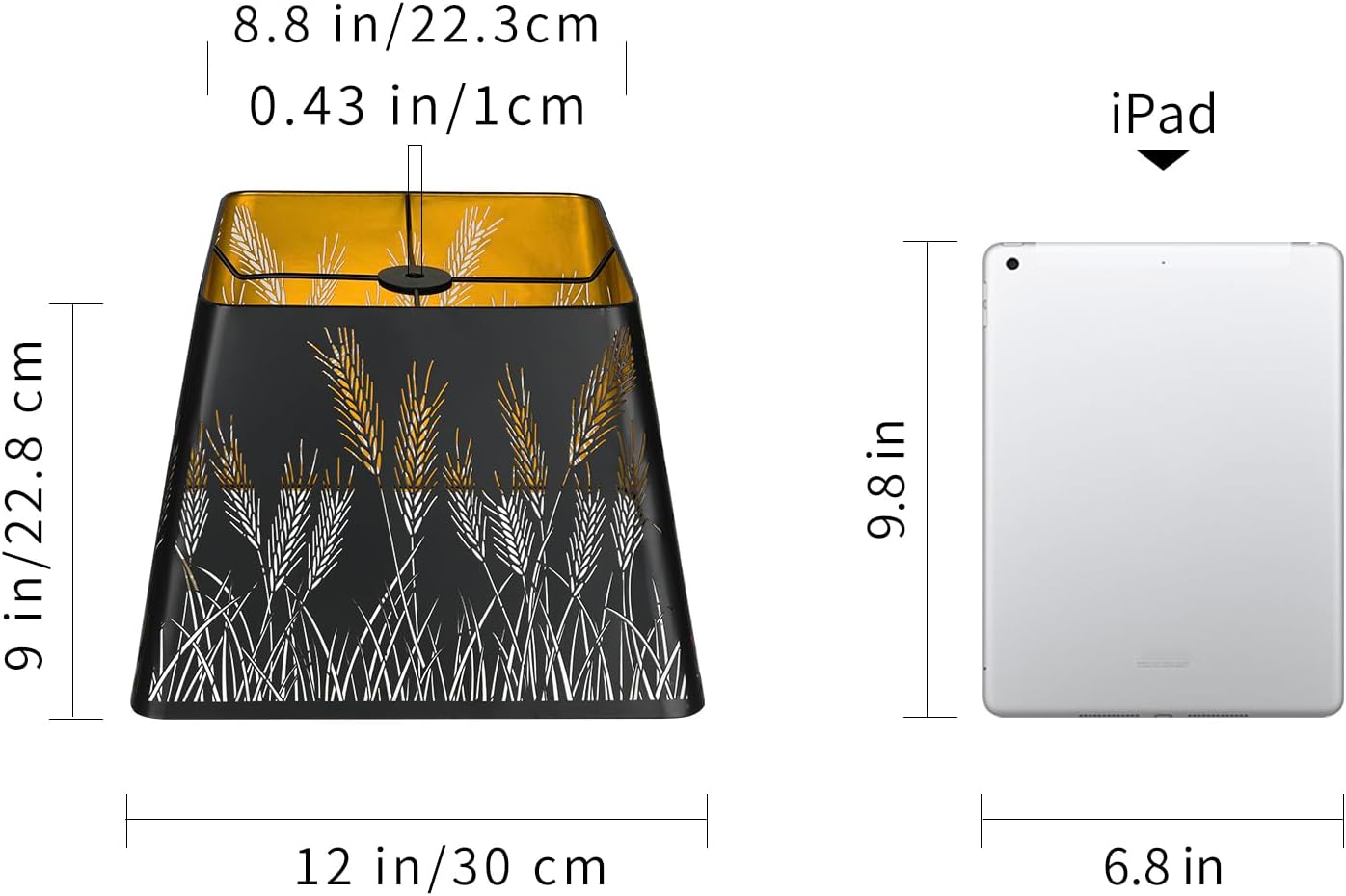 ALUCSET 9x12 Inch Modern Square Metal Lamp Shade - Black & Gold Wheatear Pattern for Table & Floor Lamps with Spider Fitter
