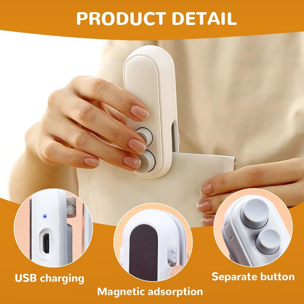 2 in 1 Mini Bag Sealer with Cutter and Magnet, Rechargeable Bag Sealer, Portable Mini Sealer, Cordless Resealer Machine for Snack Plastic Bags Food Storage