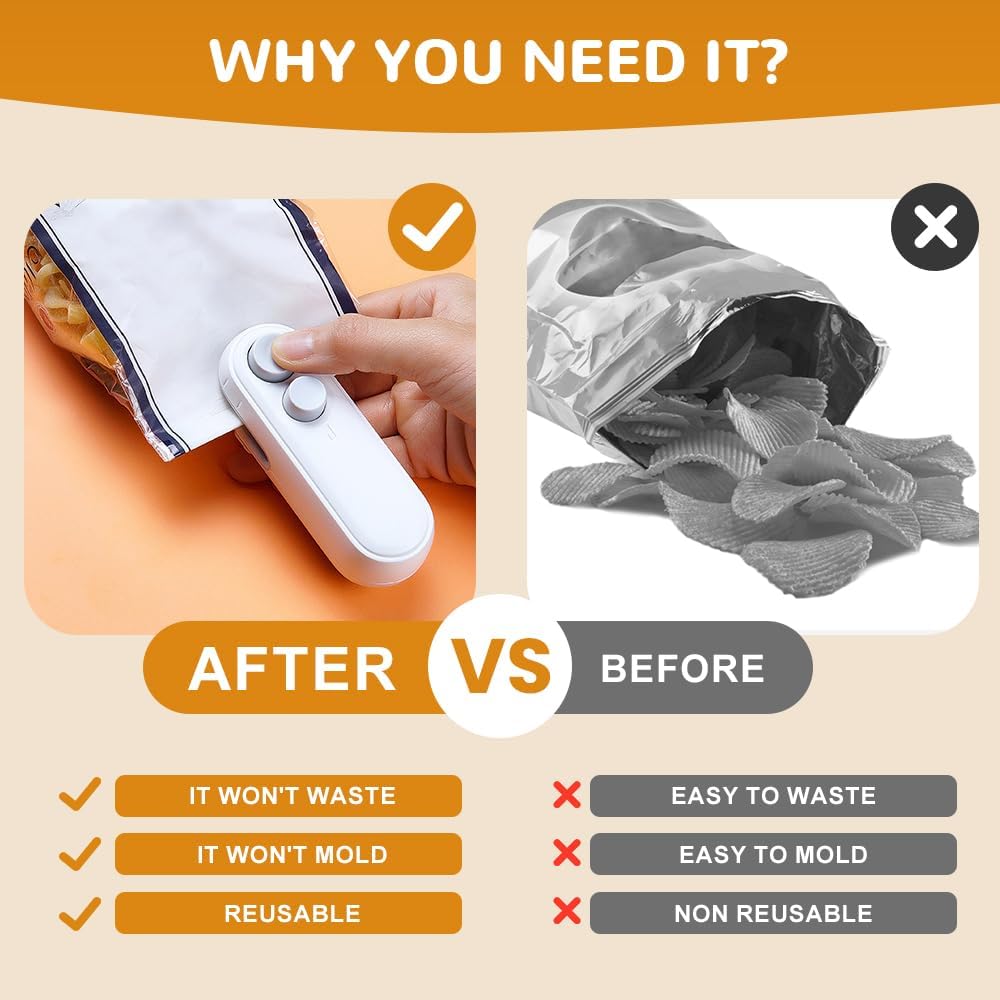 2 in 1 Mini Bag Sealer with Cutter and Magnet, Rechargeable Bag Sealer, Portable Mini Sealer, Cordless Resealer Machine for Snack Plastic Bags Food Storage