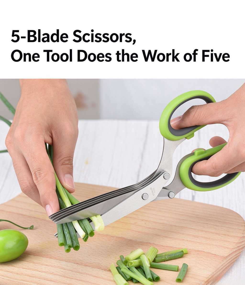 5 Blade Kitchen Scallion Shears, Stainless Steel Multi-Layer Herb Cutting Scissors with Cleaning Comb for Chives, Basil, Cilantro