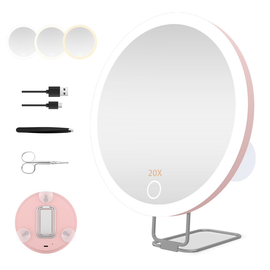30X LED Makeup Mirror 6" Travel Mirror with Suction Cups + Tweezers & Scissors