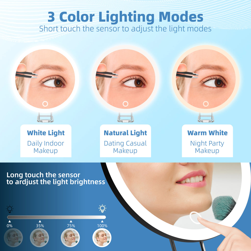 LED Makeup Mirror with Lights, 3 Lighting Modes, 10X 20X 30X Magnifying Vanity Mirror, Desk Suction Hanging 3-Way, Travel
