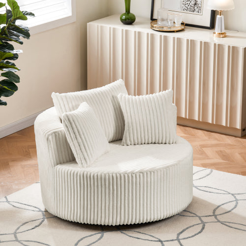 AEELLEEA Ivory Round Accent Chair with Ribbed Upholstery and Decorative Pillows