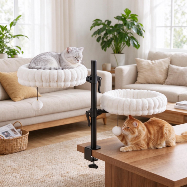 AEELLEEA Dual Cat Window Perch with 2 Plush Beds, Clamp-On Cat Bed with Hanging Toys, 15" Beds, White