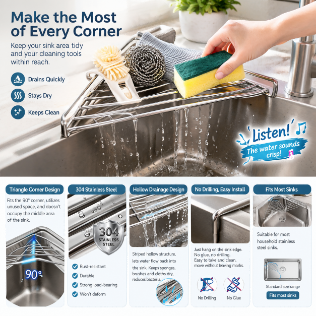304 Stainless Steel Over The Sink Kitchen Storage Rack, Rustproof Sink Caddy for Sponge, Brush and Dish Cloth