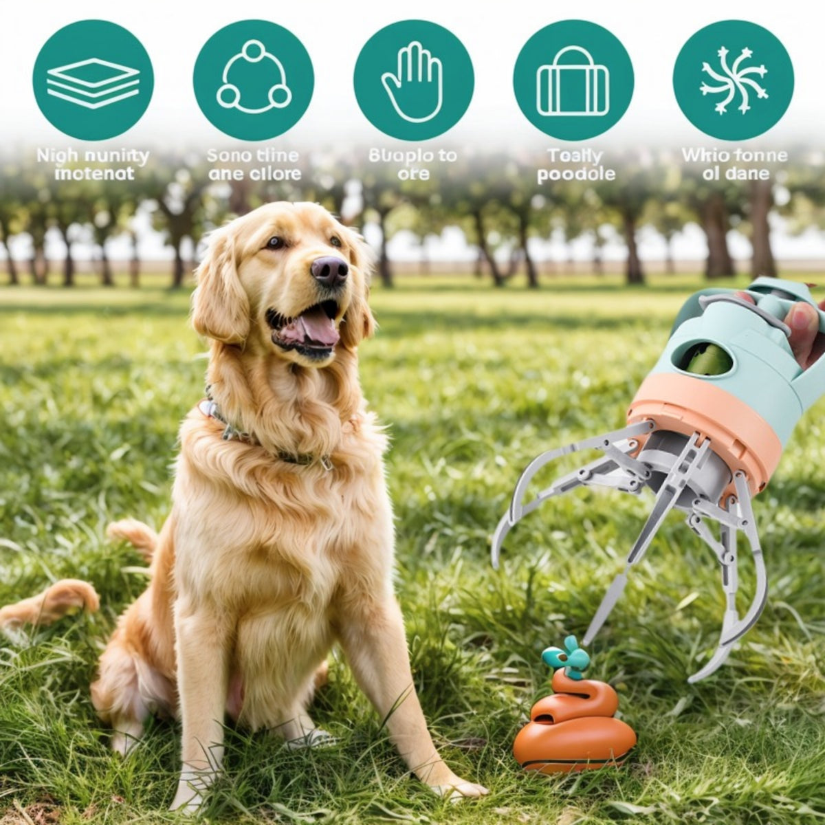 Portable Dog Poop Picker, 6-Claw Pet Poop Scooper with Built-in Waste Bag Dispenser & Lanyard, Outdoor Walking Dog Waste Cleaning Pick Up Tool