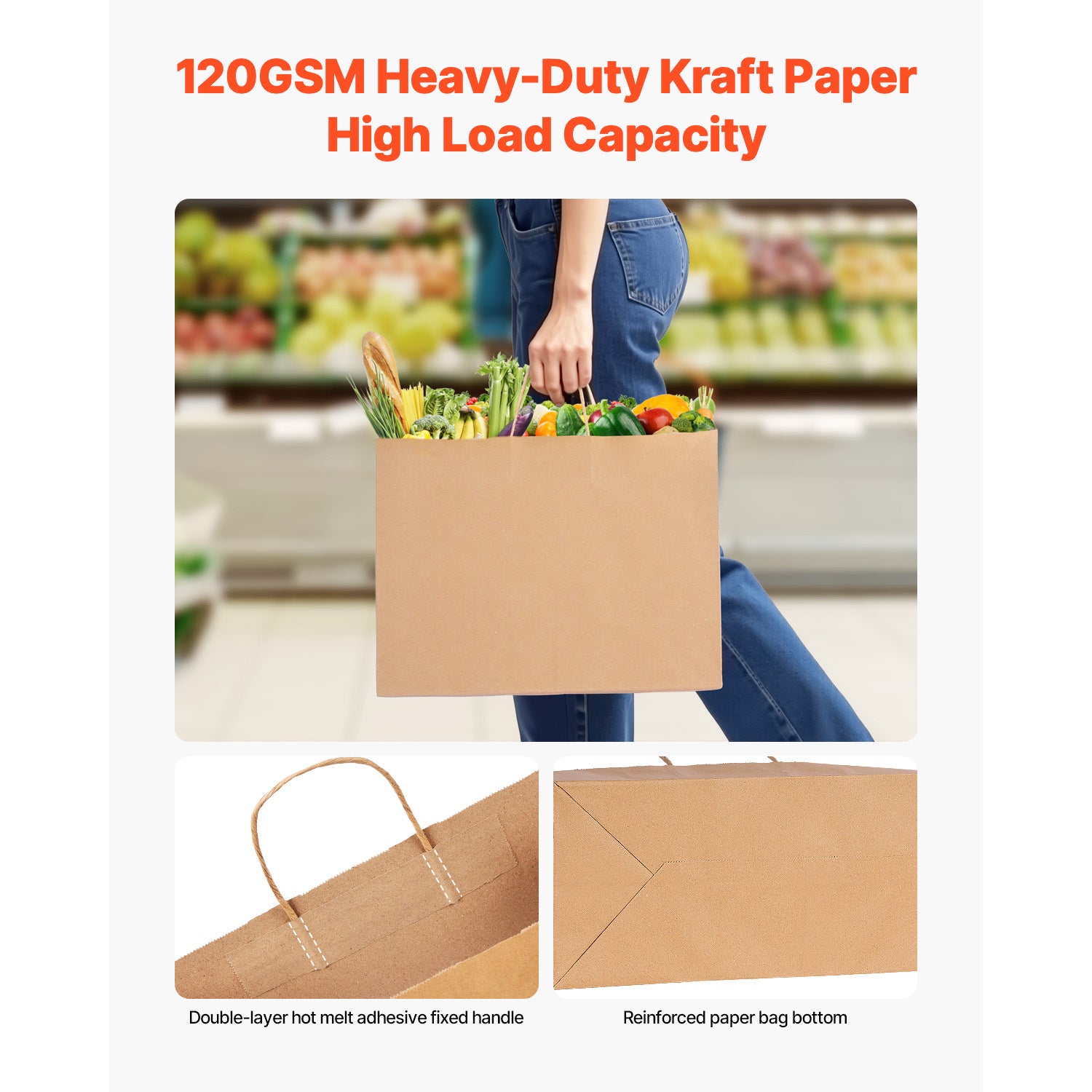 50 Pack 16x6x12 Inch Brown Kraft Paper Bags with Handles, Recyclable Plain Gift Shopping Totes, Disposable Retail Merchandise Bags for Party Boutique Grocery Packaging