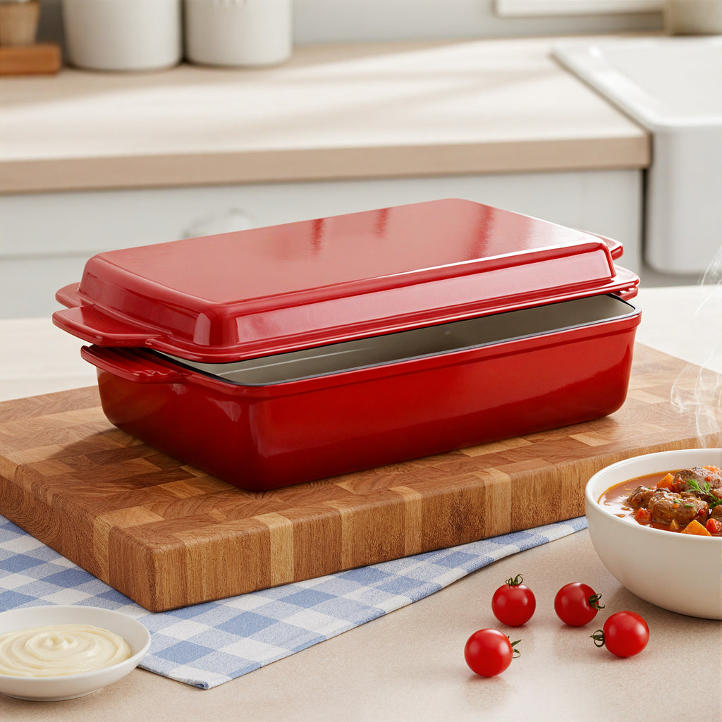 Enameled Cast Iron Rectangular Casserole Dish with Lid, Red & Blue Available, Heavy-Duty Bakeware for Braising, Roasting & Baking