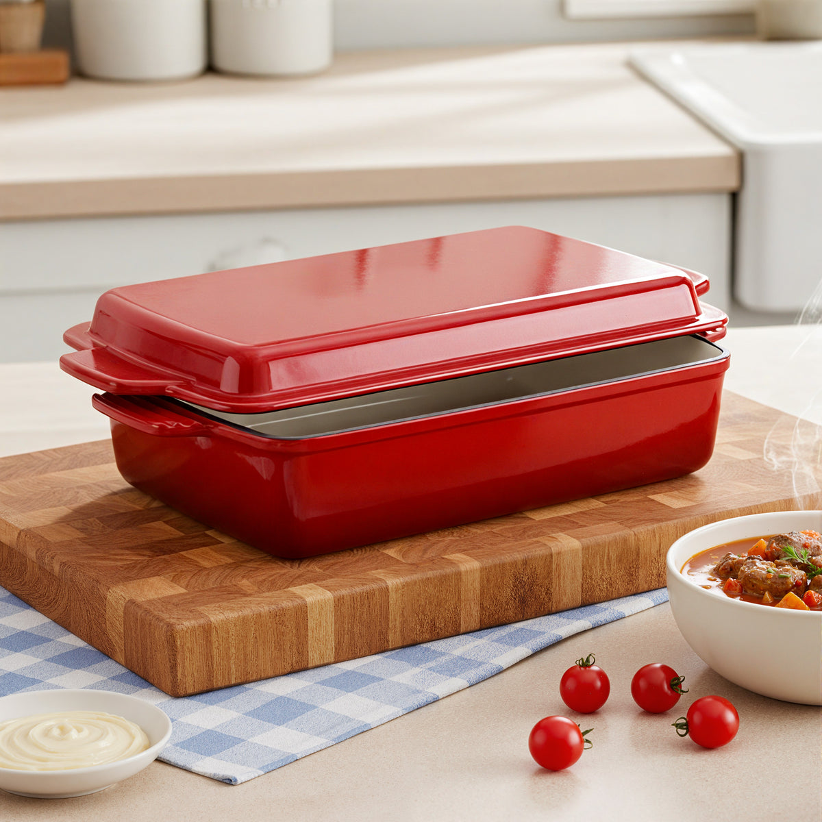 Enameled Cast Iron Rectangular Casserole Dish with Lid, Red & Blue Available, Heavy-Duty Bakeware for Braising, Roasting & Baking