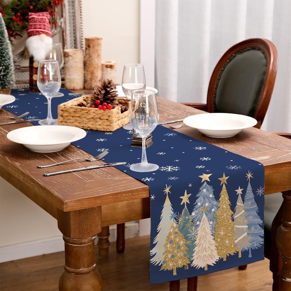 AEELLEEA Christmas Table Runner, Navy Blue Xmas Tree Snowflake Print 13x72 Inch Faux Linen Polyester Table Runner for Holiday Dining Table Home Christmas Decor