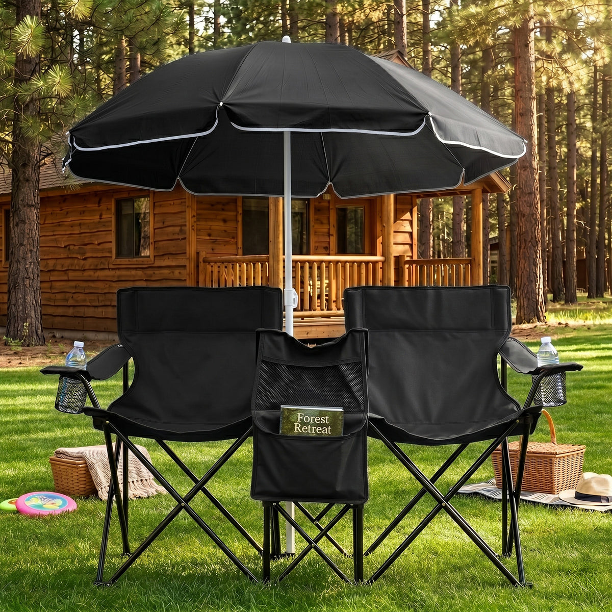 AEELLEEA Double Folding Camping Chair Set with 60" Sun Umbrella, Portable Outdoor 2-Seat Chair for Patio Beach