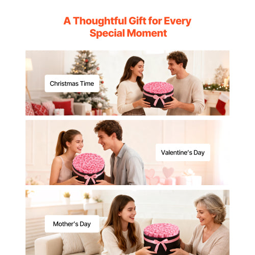 AEELLEEA 50 Real Preserved Pink Roses Round Gift Box, Forever Flowers with Ribbon for Valentine’s Day, Mother’s Day, Birthday Gift