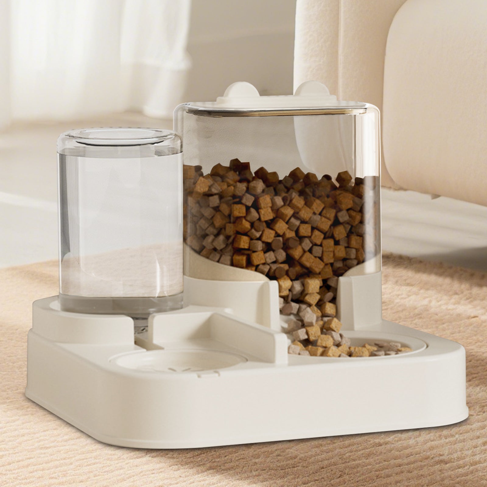 2-in-1 Automatic Pet Feeder and Water Dispenser, Transparent Food and Water Bowl, Self Refilling Pet Feeding Station
