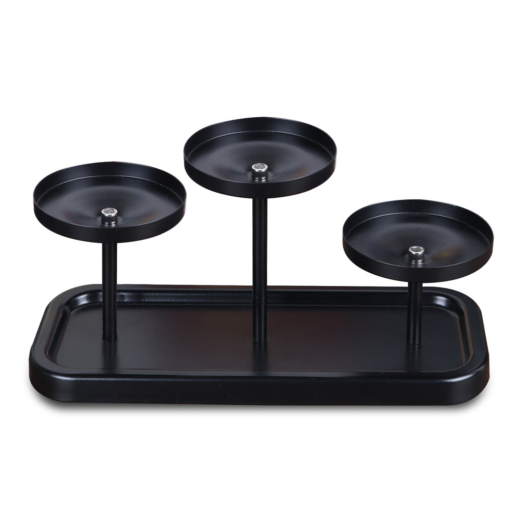 3-Arms Black Metal Pillar Candle Holder Tray, Set of 3 Candlestick Holders, Table Centerpiece Decor for Dining Room