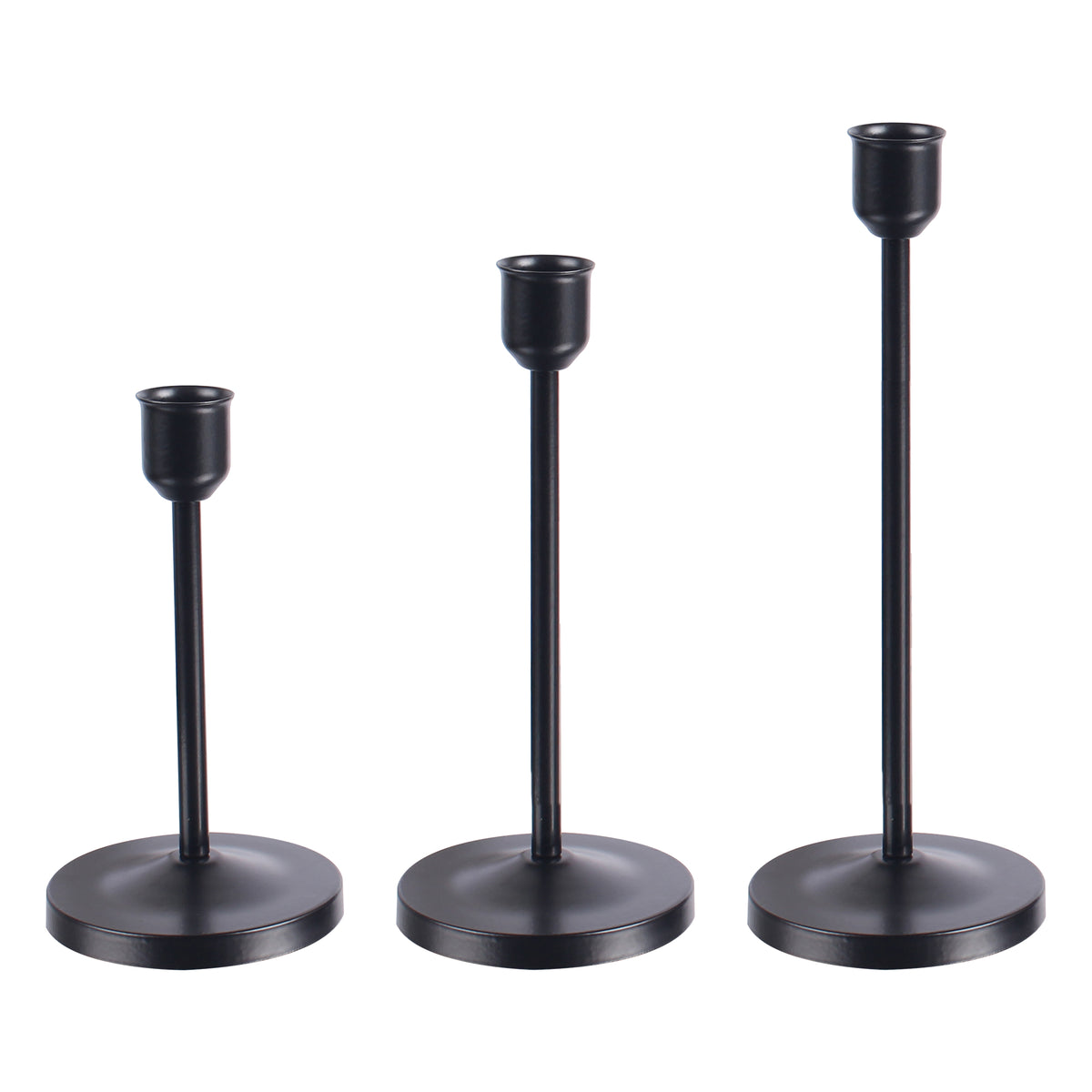 Set of 3 Flickering Flameless White Taper Candles & Black Metal Candlestick Holders, Bathroom Decor