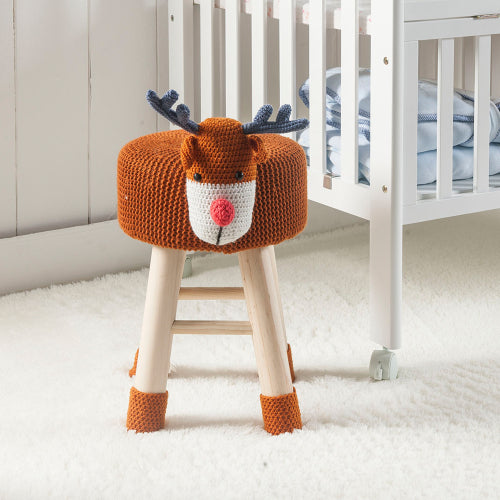 Animal Ottoman Stool, Polyester Upholstered Cute Deer Foot Stool with Solid Pine Wood Legs, Portable Small Seat for Children Bedroom