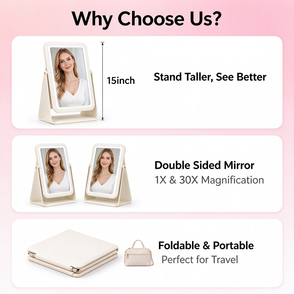 AEELLEEA Lighted Makeup Mirror, 1X/30X Double Sided Vanity Mirror, 3 Color Lights, Foldable 360° Rotatable Tabletop Mirror, Black