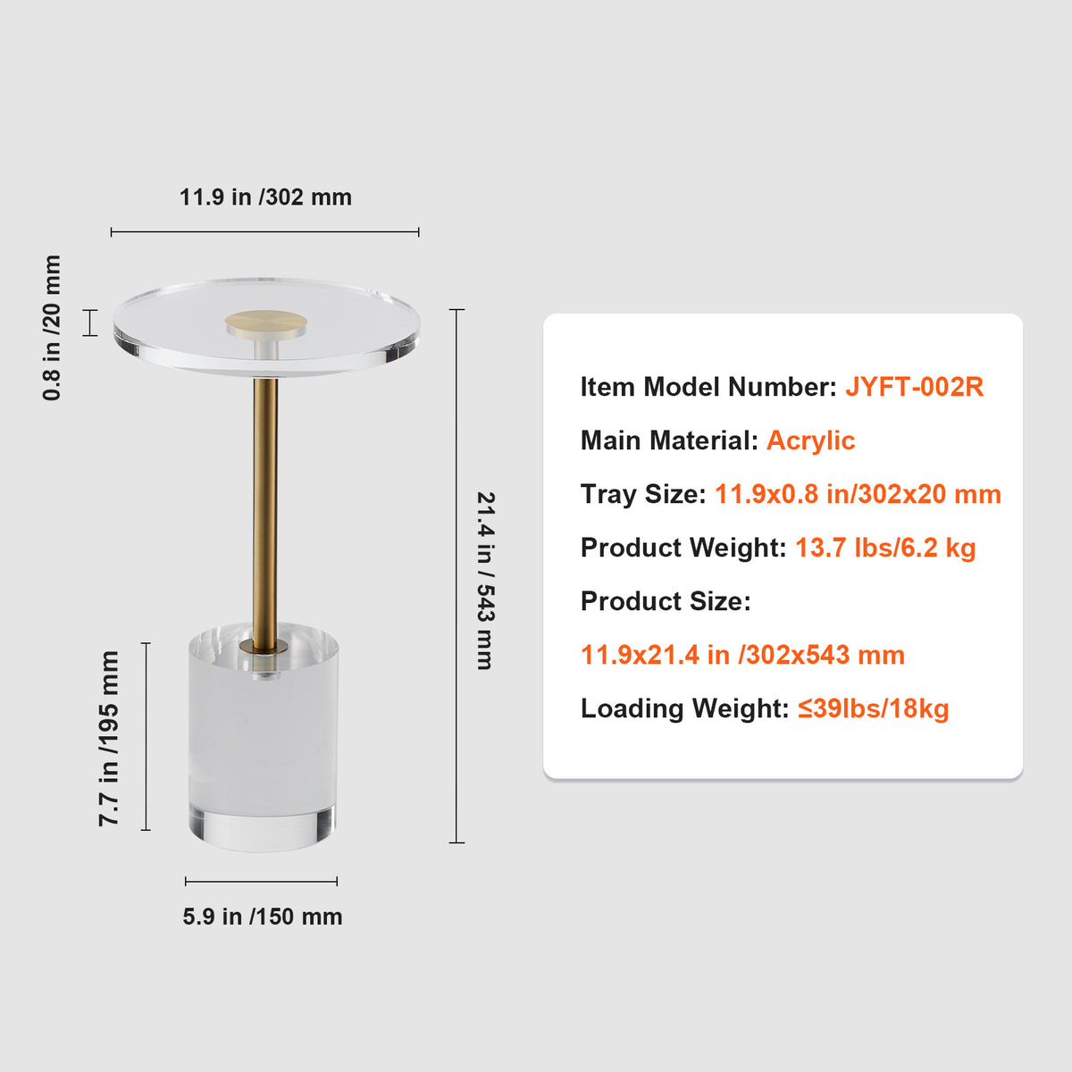 AEELLEEA Clear Acrylic End Table, 11.9 in Round Side Table with Gold Metal Accent, 21.4 in Tall, for Living Room & Bedroom