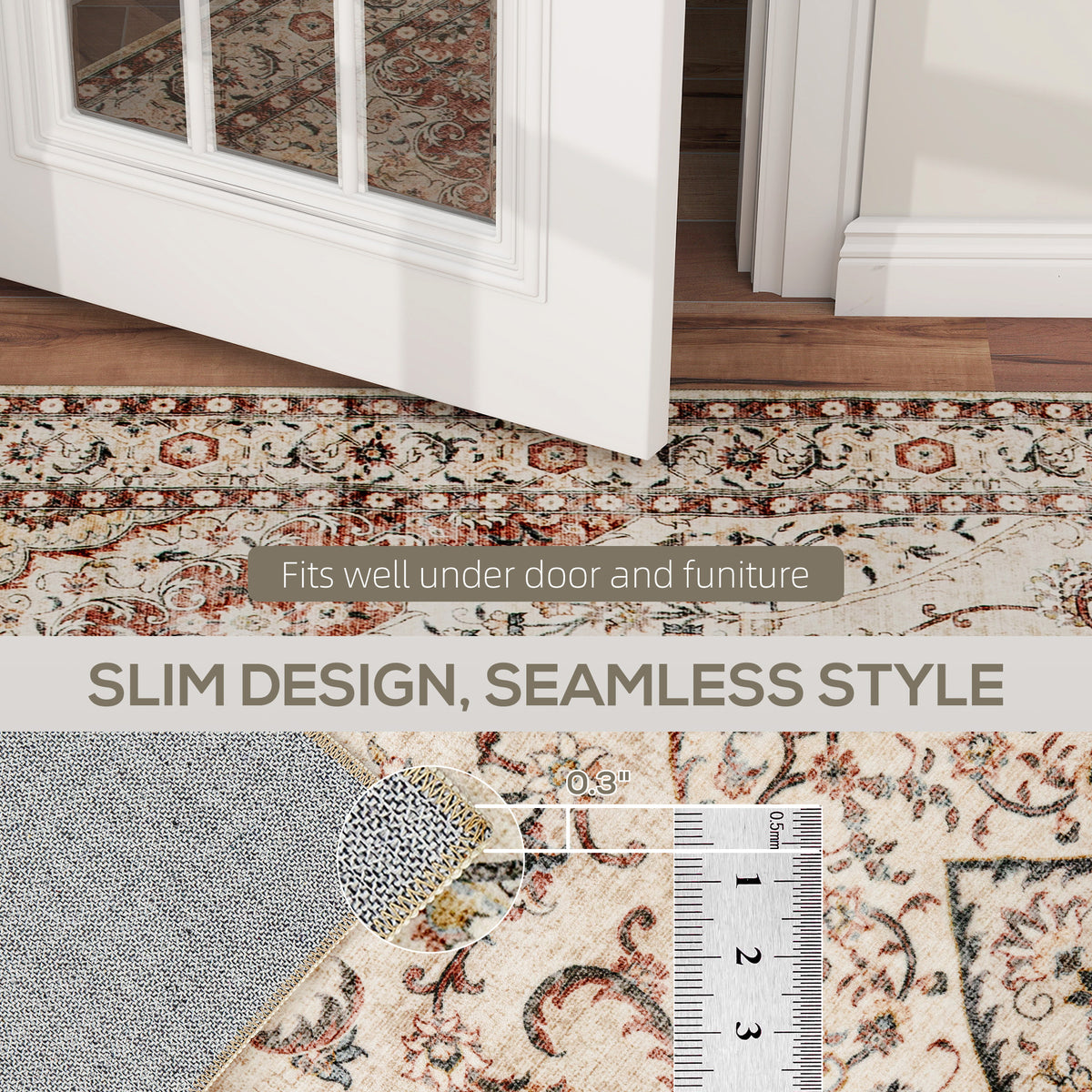 6'x4' Vintage Floral Area Rug, Machine Washable Non Slip Thin Rug with TPR Backing, Stitched Edge Distressed Carpet for Living Room Bedroom